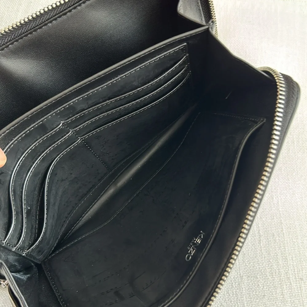 •Kenzo Black Leather Zip Clutch Travel Wallet Organizer